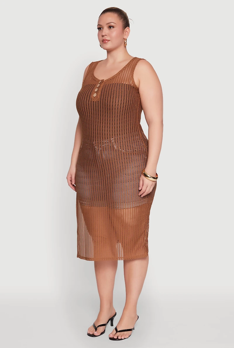 Womens Plus Size Fishnet Side Slit Maxi Cover Up, Brown, Size 2X