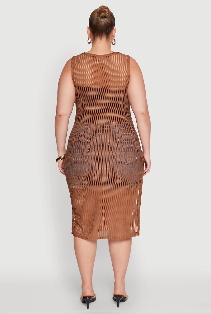 Womens Plus Size Fishnet Side Slit Maxi Cover Up, Brown, Size 2X