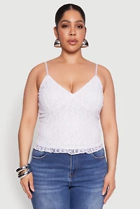 Womens Plus Size Lace Overlay Cami, White, Size 1X