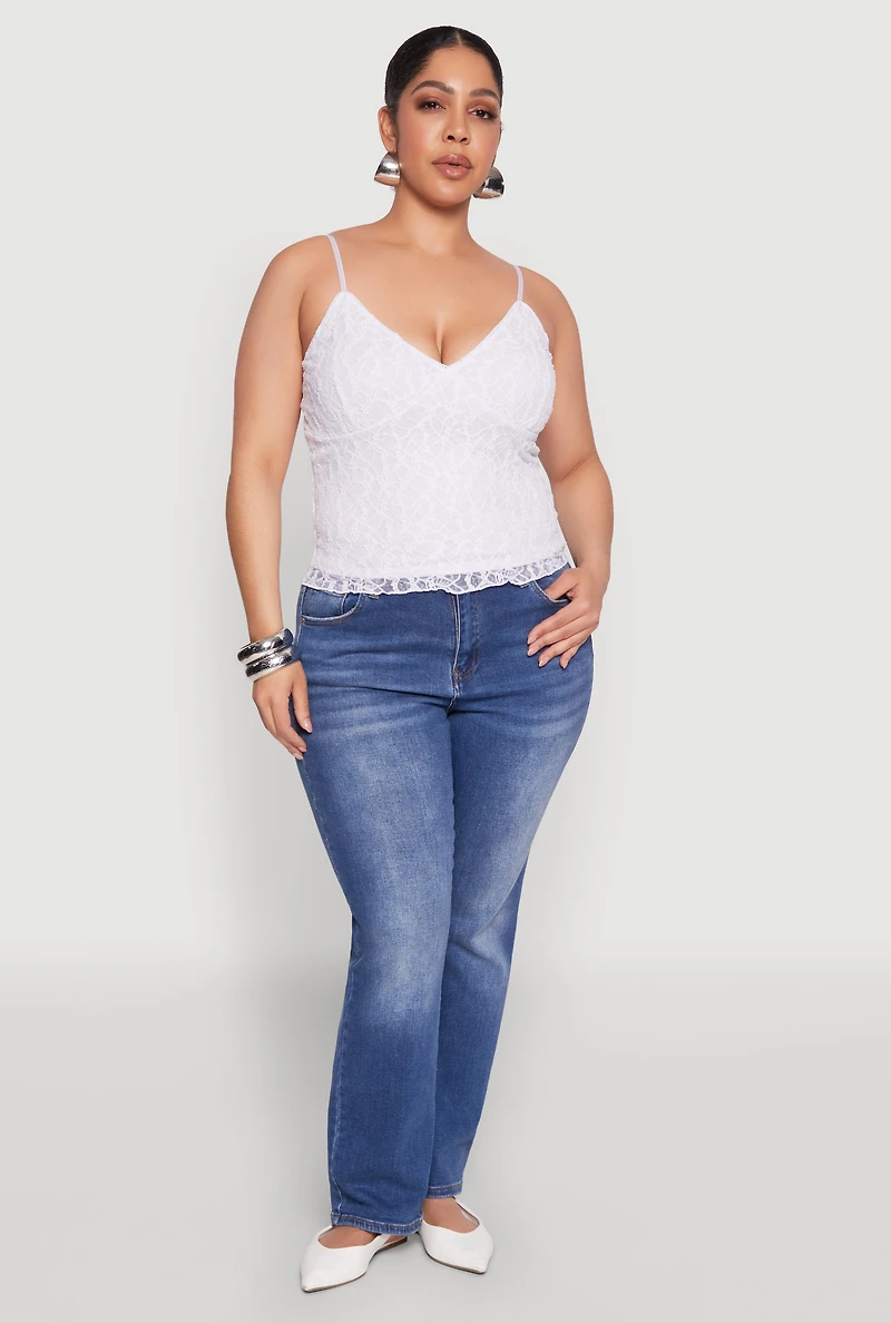 Womens Plus Size Lace Overlay Cami, White, Size 1X