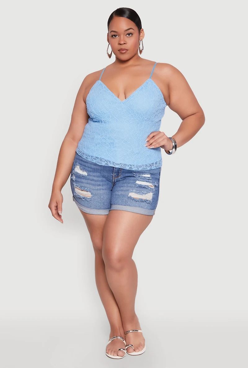 Womens Plus Size Lace Overlay Cami, Blue, Size 2X