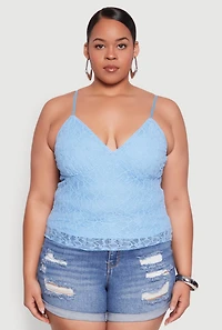 Womens Plus Size Lace Overlay Cami, Blue, Size 2X