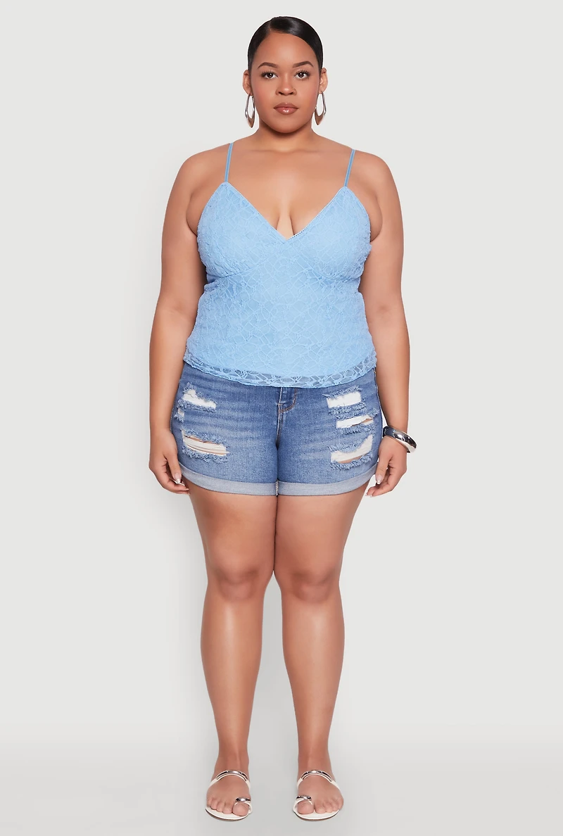 Womens Plus Size Lace Overlay Cami, Blue, Size 2X
