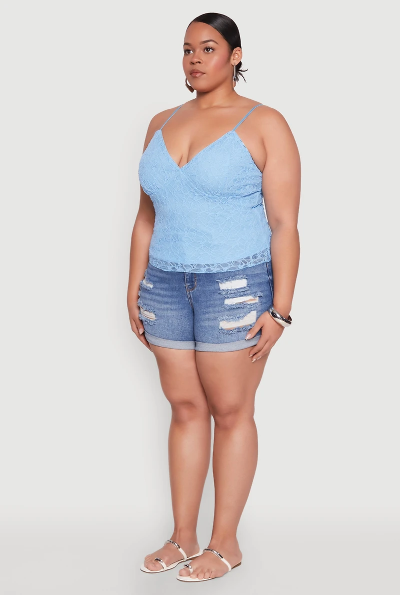 Womens Plus Size Lace Overlay Cami, Blue, Size 2X
