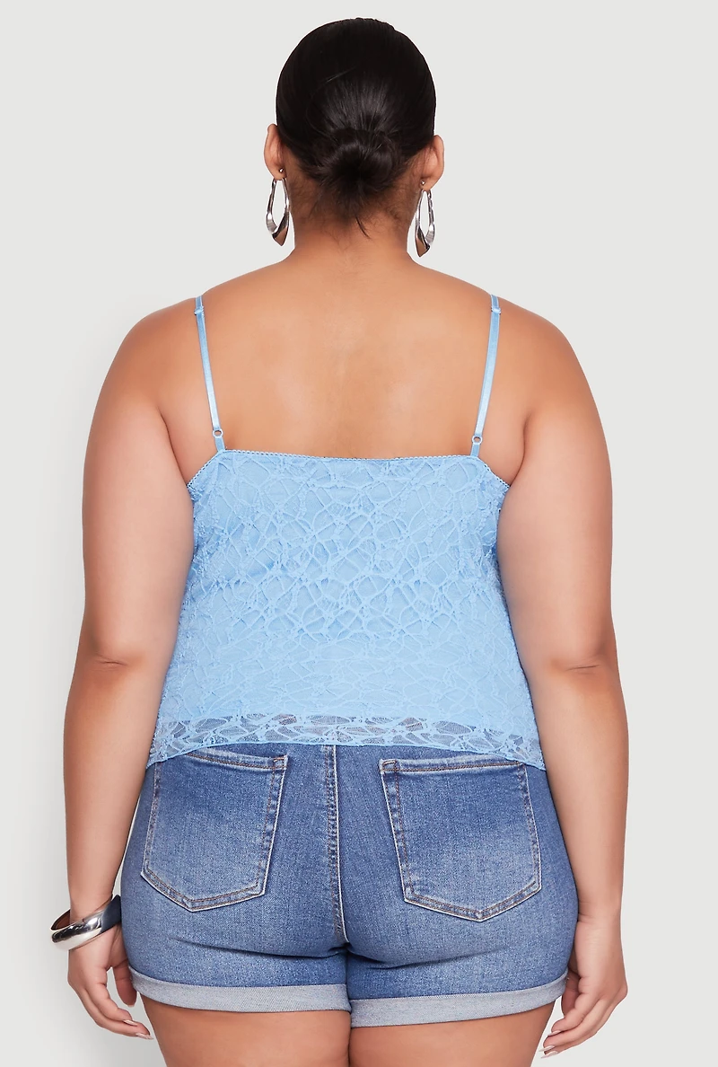 Womens Plus Size Lace Overlay Cami, Blue, Size 2X