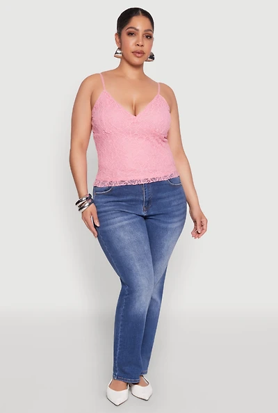 Womens Plus Size Lace Overlay Cami, Pink, Size 1X