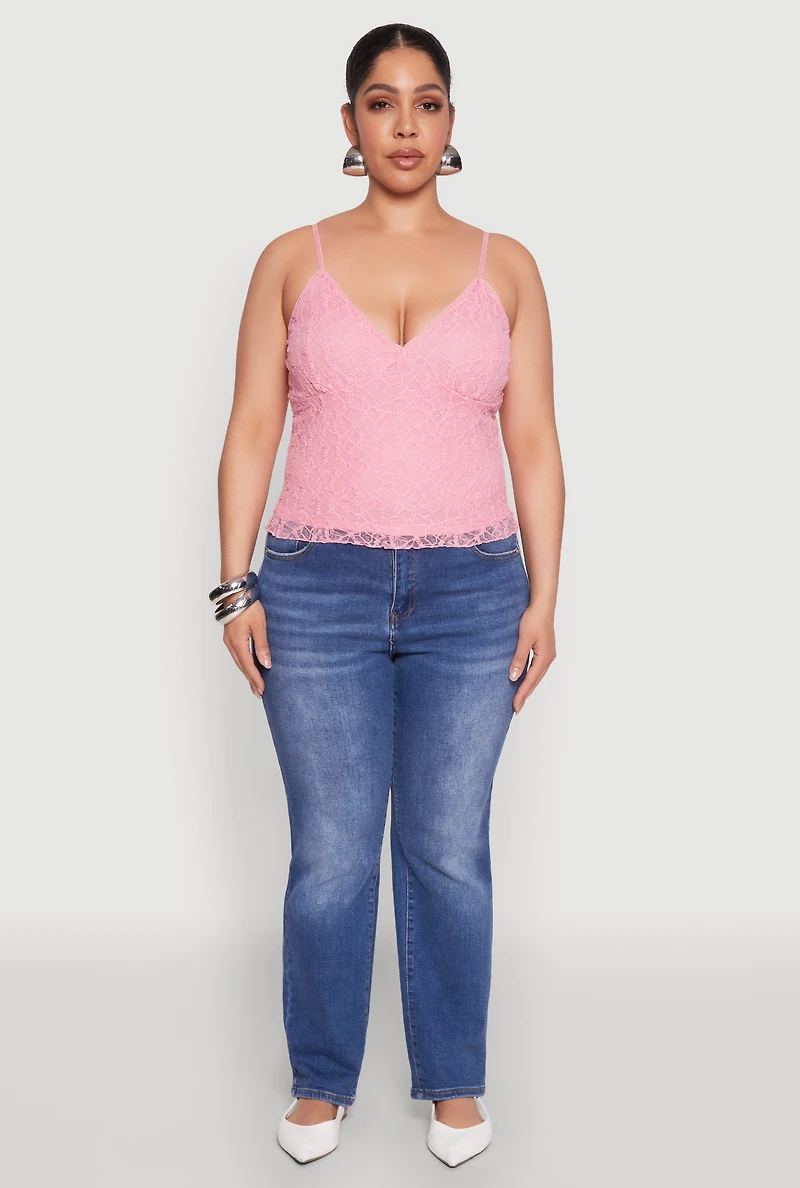 Womens Plus Size Lace Overlay Cami, Pink, Size 1X