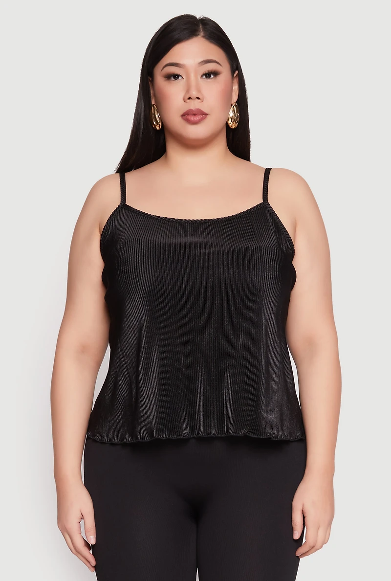 Womens Plus Size Plisse Cami, Black, Size 3X