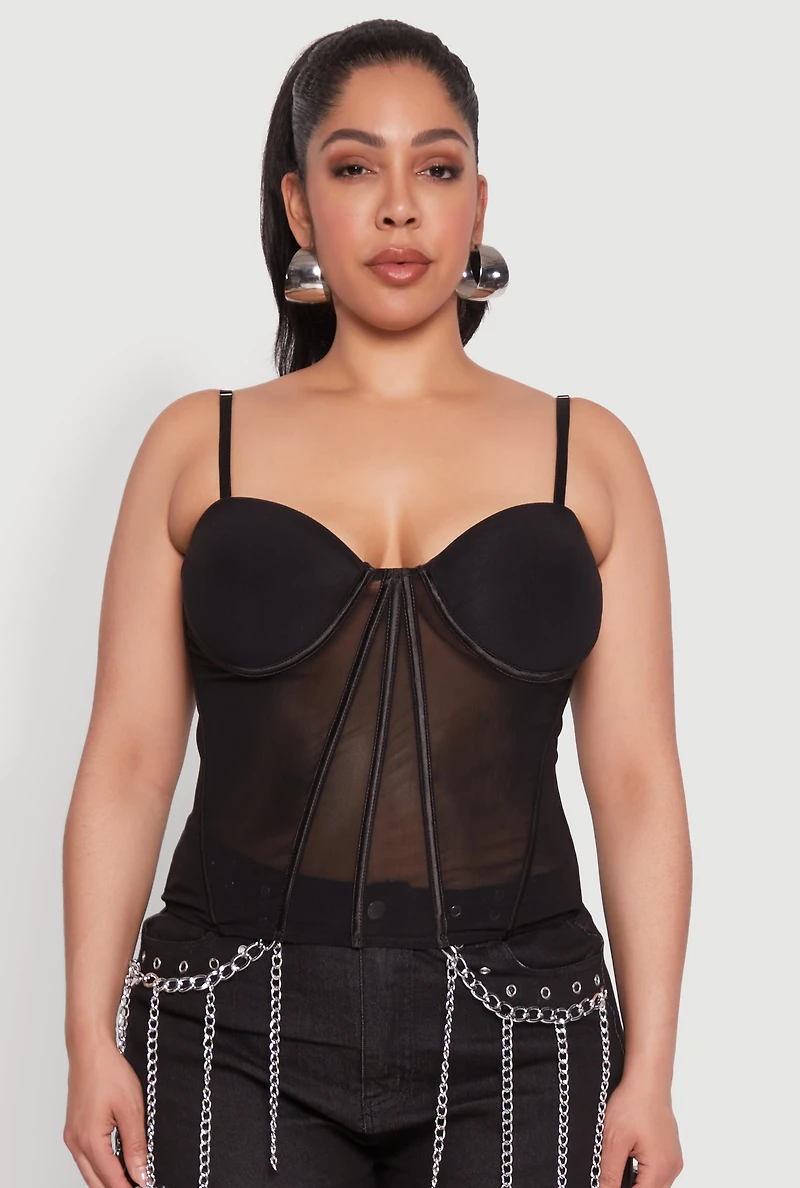 Womens Plus Size Mesh Zip Back Bustier Top, Black, Size 2X