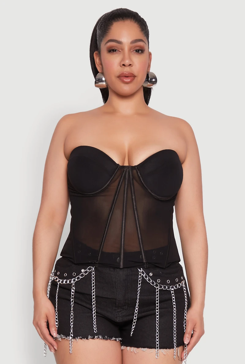 Womens Plus Size Mesh Zip Back Bustier Top, Black, Size 2X