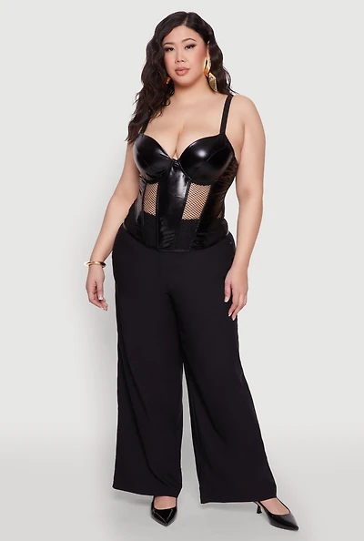Womens Plus Size Fishnet Cutout Faux Leather Look Bustier Top, Black, Size 2X