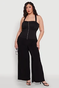 Womens Plus Size Cut Out Racerback Zip Front Bustier Top, Black, Size 1X