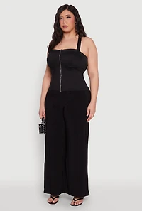 Womens Plus Size Cut Out Racerback Zip Front Bustier Top, Black, Size 1X