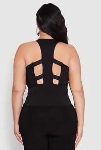 Womens Plus Size Cut Out Racerback Zip Front Bustier Top, Black, Size 1X