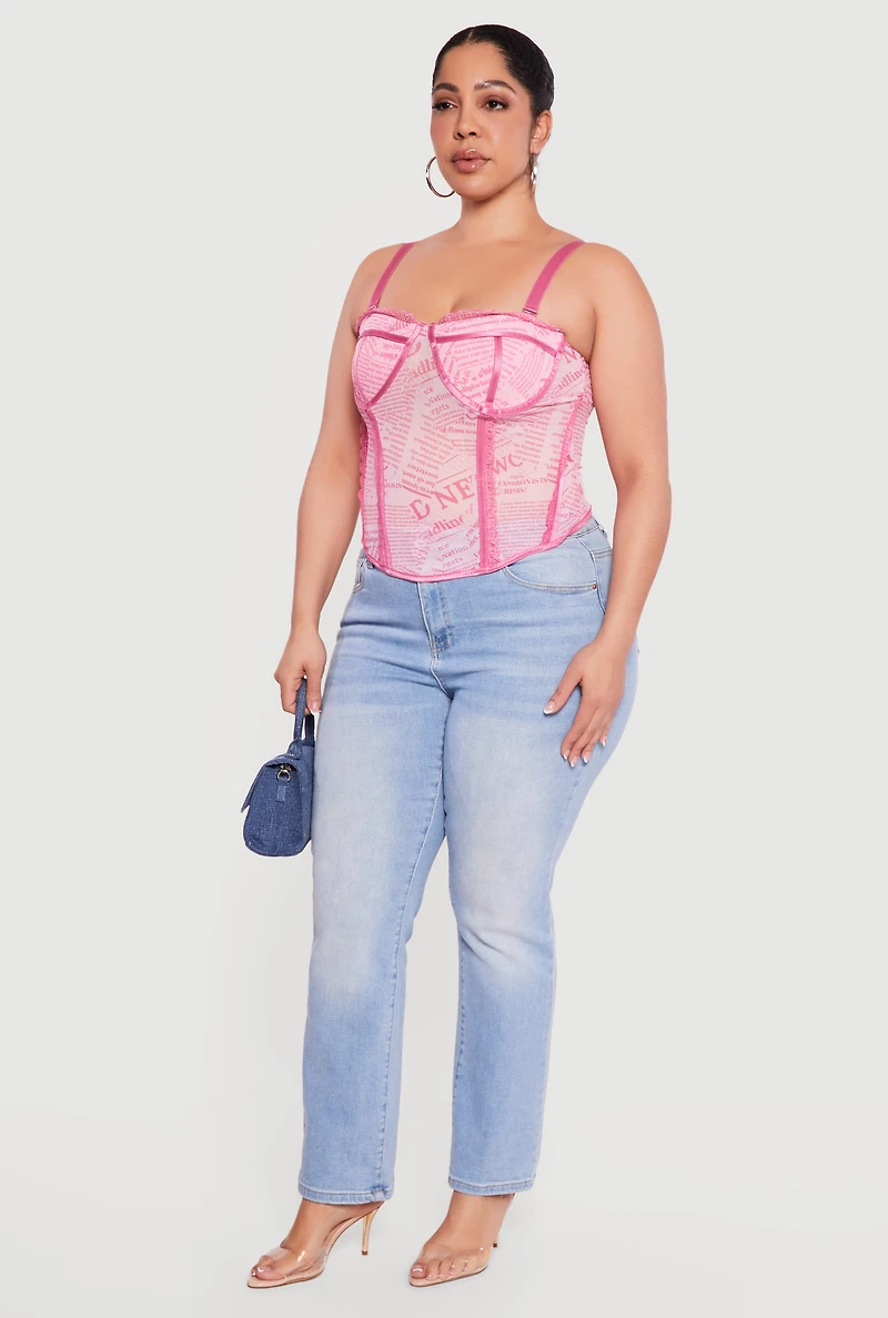 Plus Newspaper Print Lace Detail Bustier Corset Top