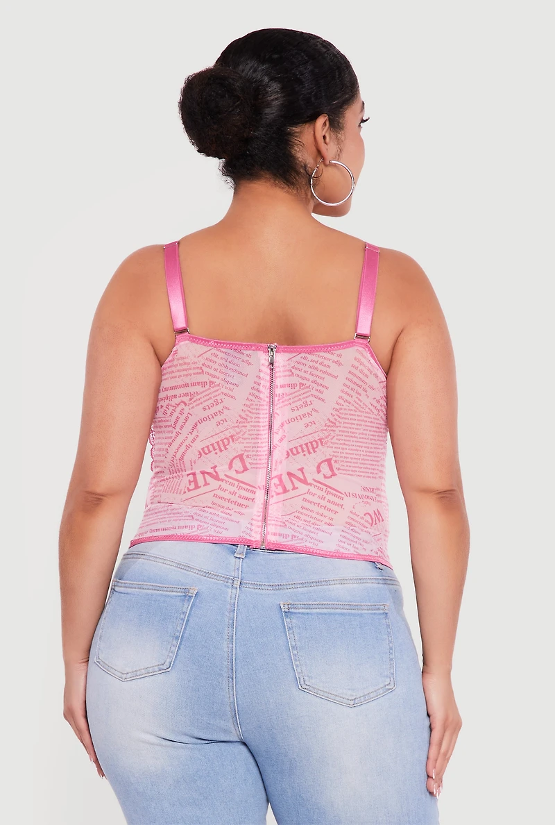 Plus Newspaper Print Lace Detail Bustier Corset Top