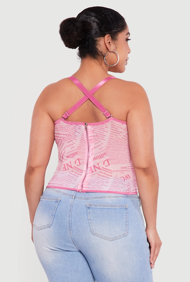Plus Newspaper Print Lace Detail Bustier Corset Top