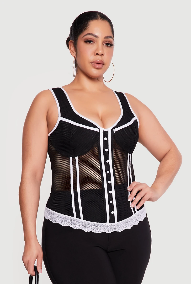 Plus Fishnet Contrast Trim Corset Bustier Top