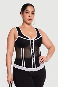 Plus Fishnet Contrast Trim Corset Bustier Top