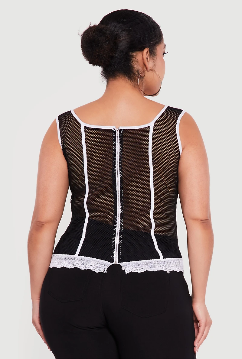 Plus Fishnet Contrast Trim Corset Bustier Top