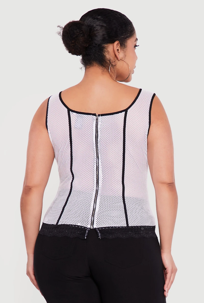 Plus Fishnet Contrast Trim Corset Bustier Top