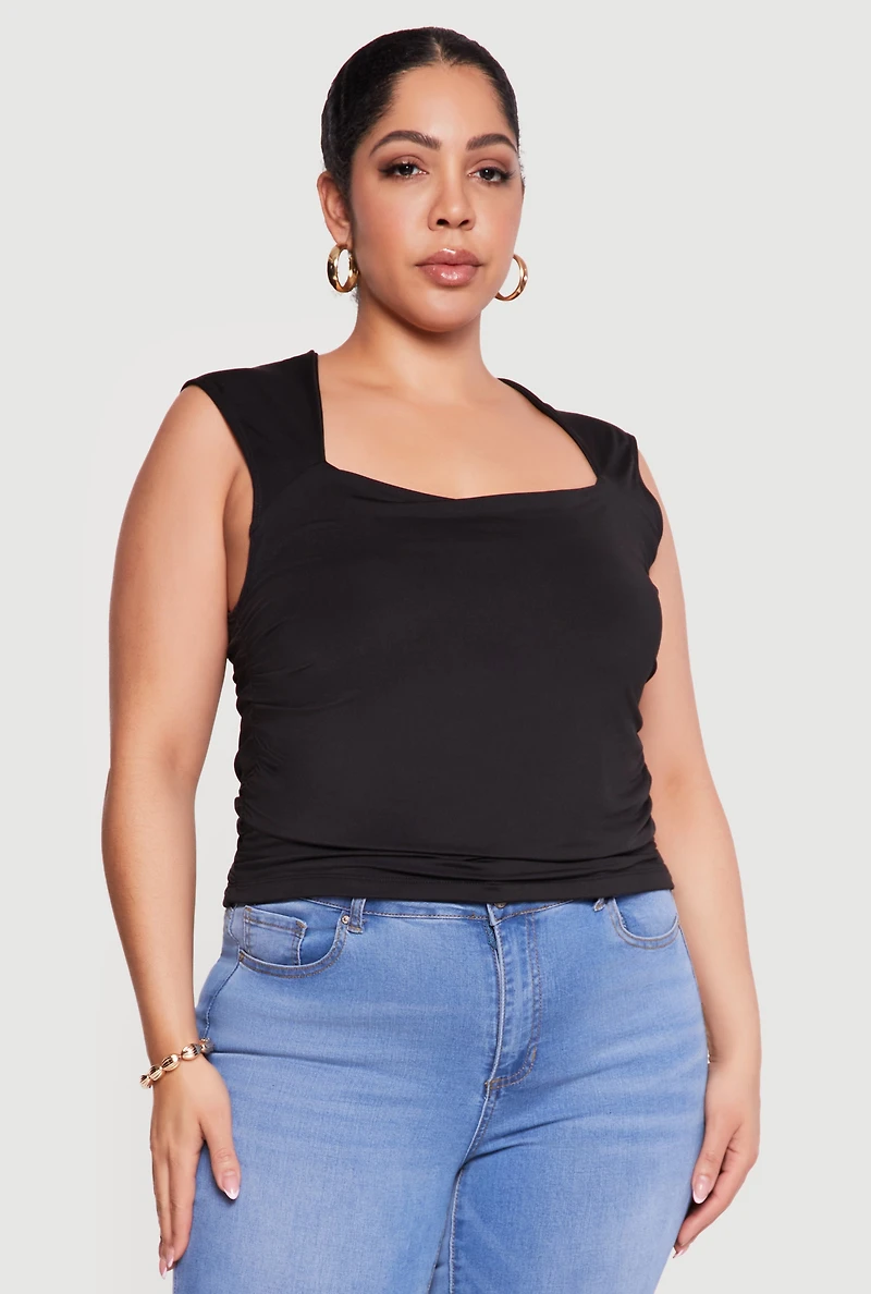 Plus Sleeveless Square Neck Ruched Top