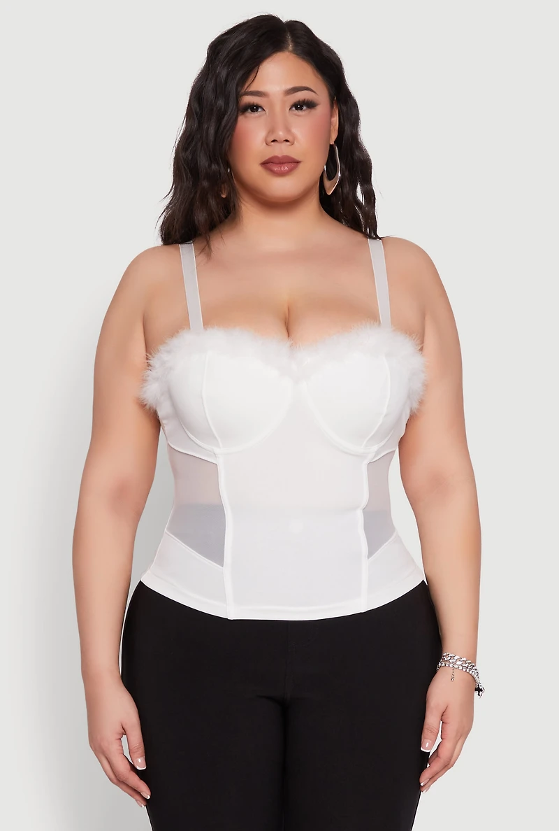 Womens Plus Size Faux Fur Sweetheart Bustier Top, White, Size 2X