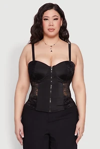 Womens Plus Size Zip Up Lace Bustier Top, Black, Size 2X
