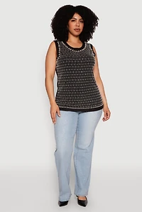 Womens Plus Size Rhinestone Faux Pearl Studded Tank Top, Black, Size 1X