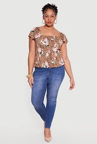 Plus Smocked Square Neck Floral Animal Print Top