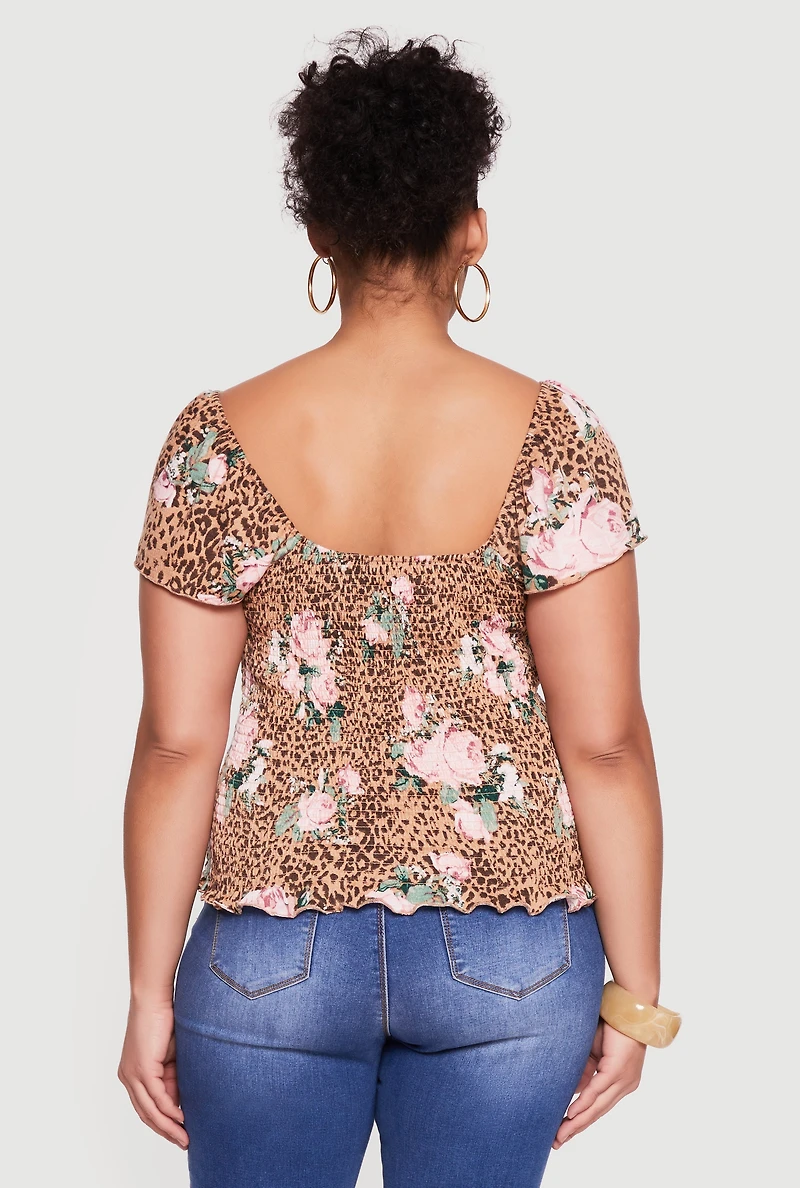 Plus Smocked Square Neck Floral Animal Print Top