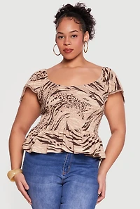 Plus Printed Pattern Smocked Peplum Blouse