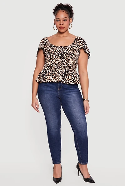 Plus Printed Pattern Smocked Peplum Blouse