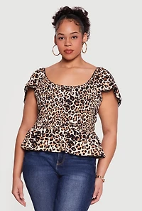 Plus Printed Pattern Smocked Peplum Blouse