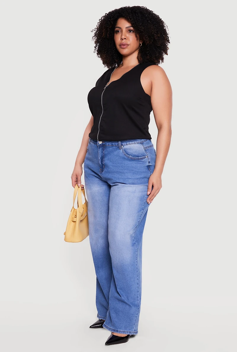 Plus Textured Knit V Neck Zip Front Top