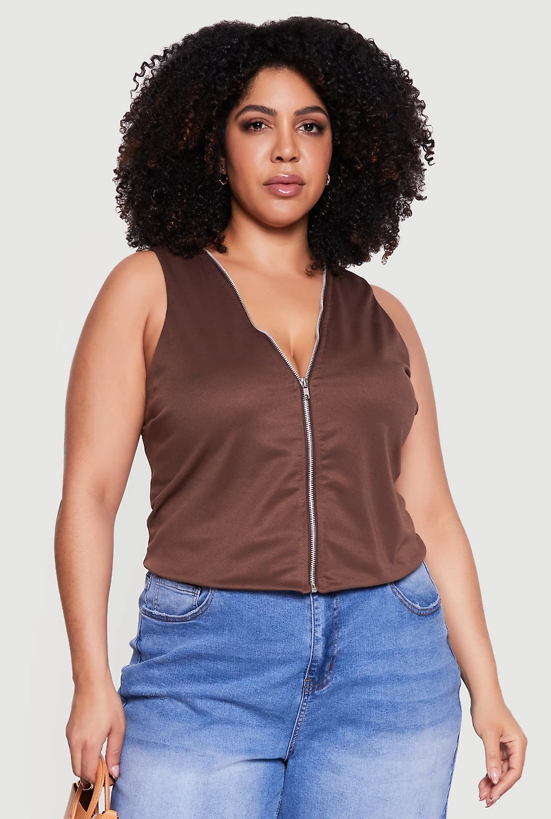 Plus Textured Knit V Neck Zip Front Top
