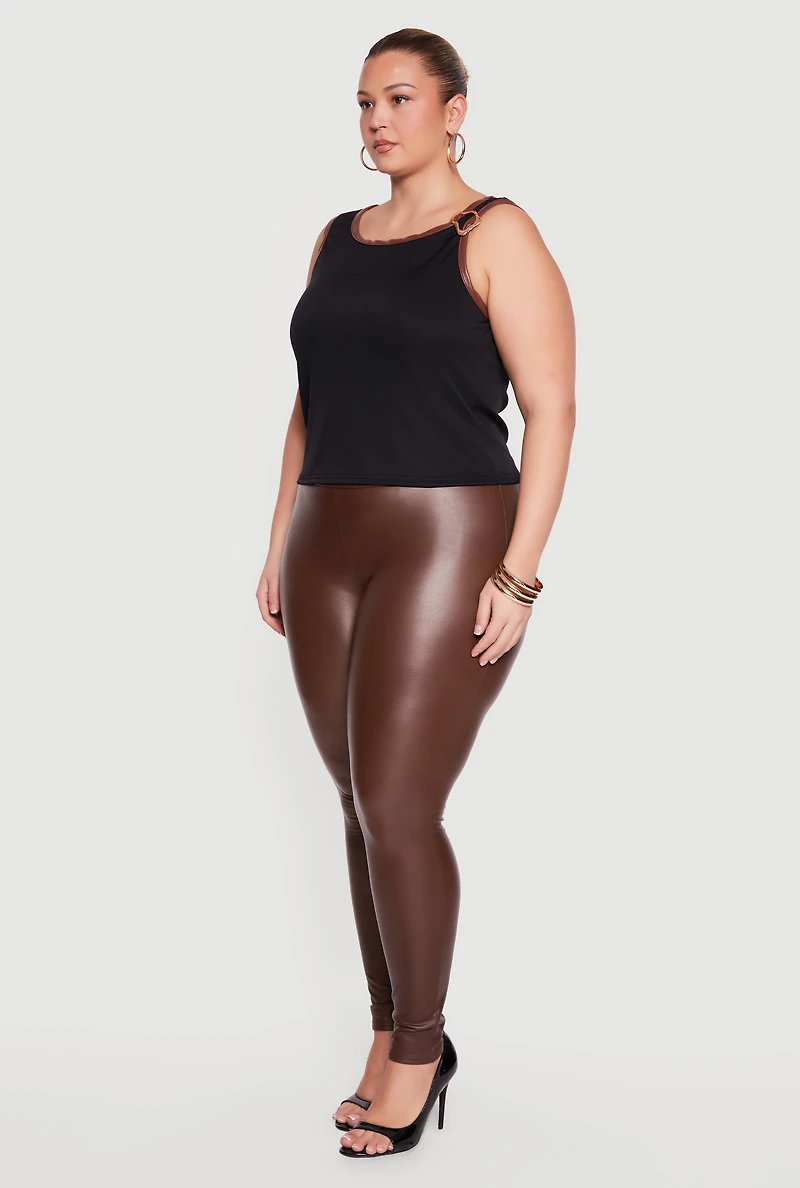 Plus Faux Leather Contrast Trim Metallic Detail Tee