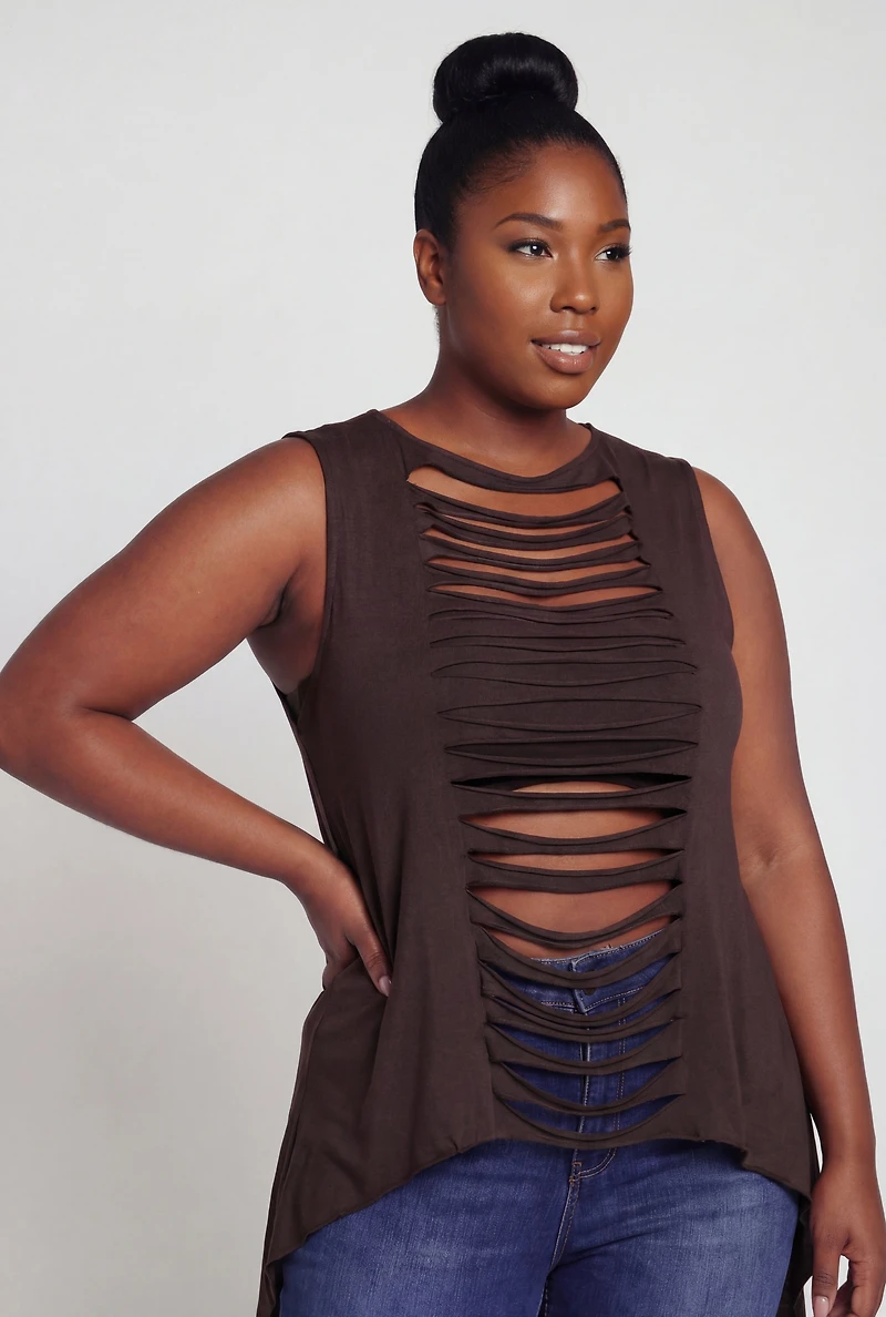Plus Sleeveless Slashed High Low Top