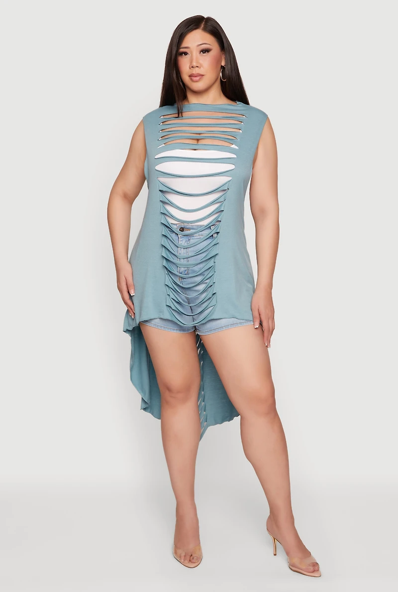 Plus Sleeveless Slashed High Low Top
