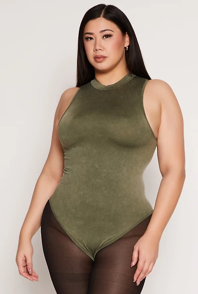 Womens Plus Size Acid Wash Mock Neck Bodysuit, Green, Size 2X-3X