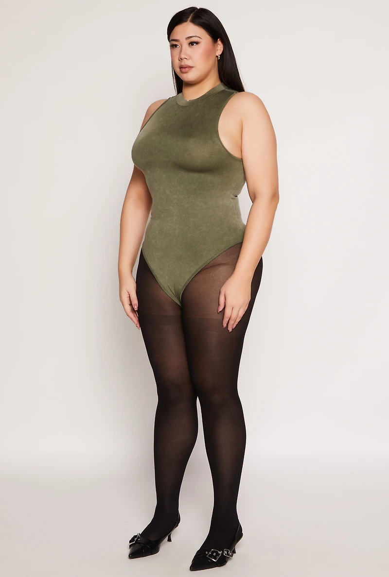Womens Plus Size Acid Wash Mock Neck Bodysuit, Green, Size 2X-3X