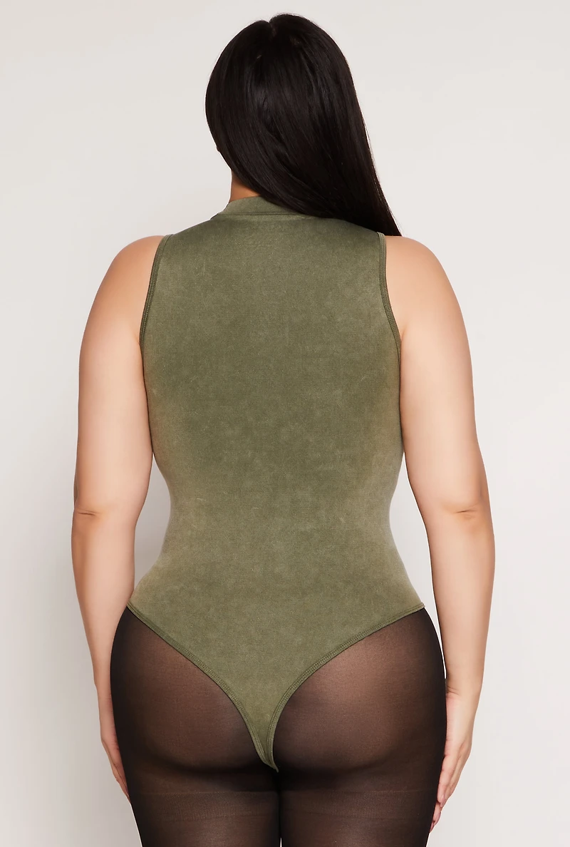 Womens Plus Size Acid Wash Mock Neck Bodysuit, Green, Size 2X-3X