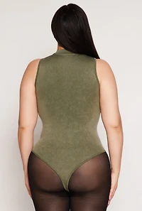 Womens Plus Size Acid Wash Mock Neck Bodysuit, Green, Size 2X-3X