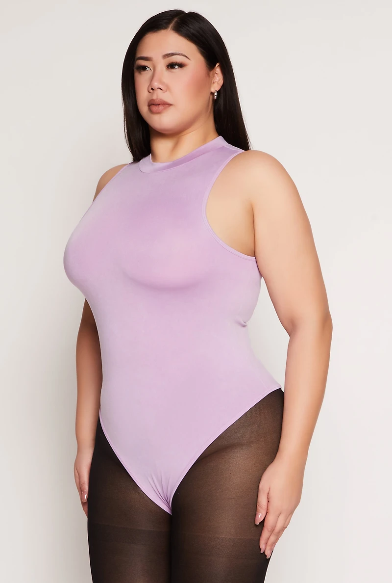 Womens Plus Size Acid Wash Mock Neck Bodysuit, Purple, Size 2X-3X