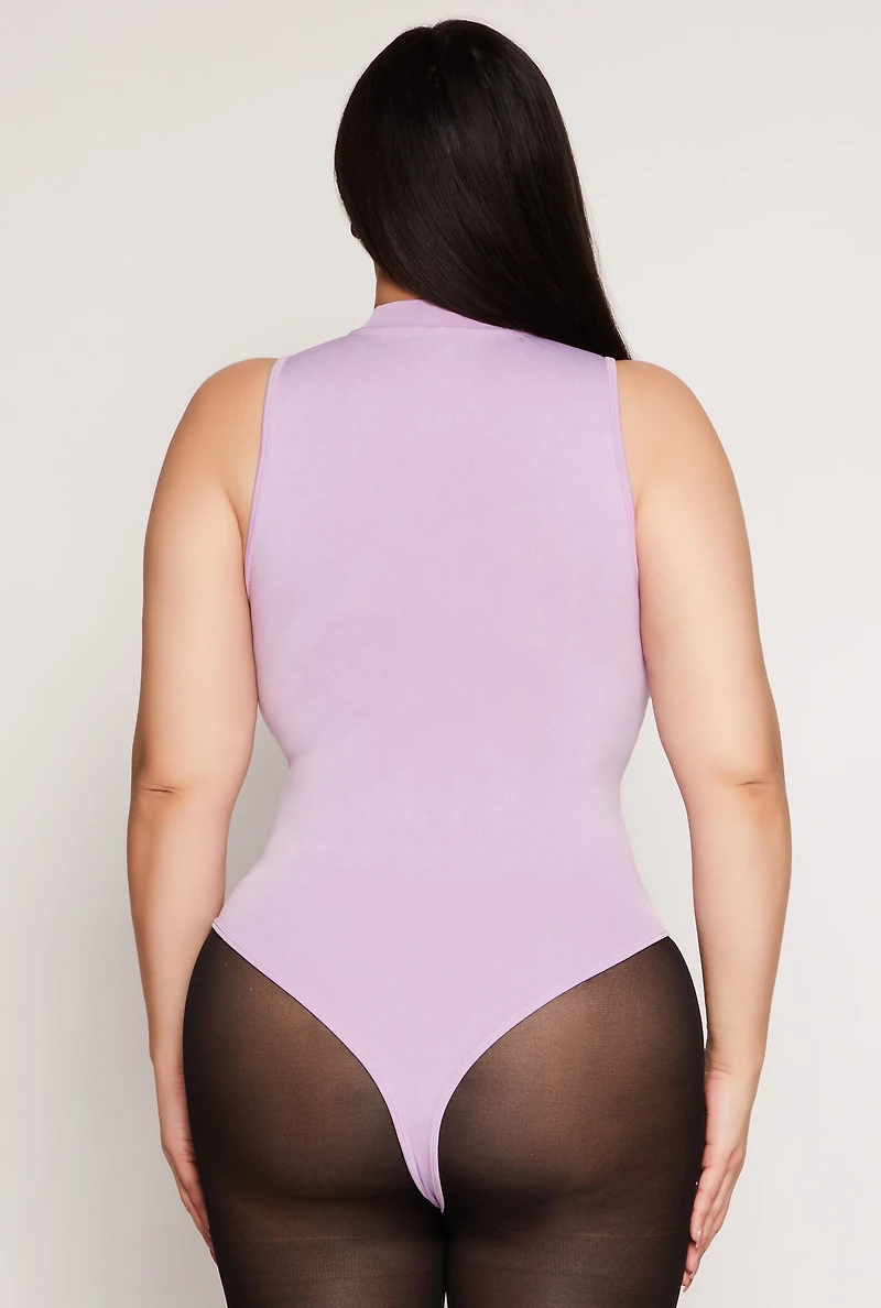 Womens Plus Size Acid Wash Mock Neck Bodysuit, Purple, Size 2X-3X