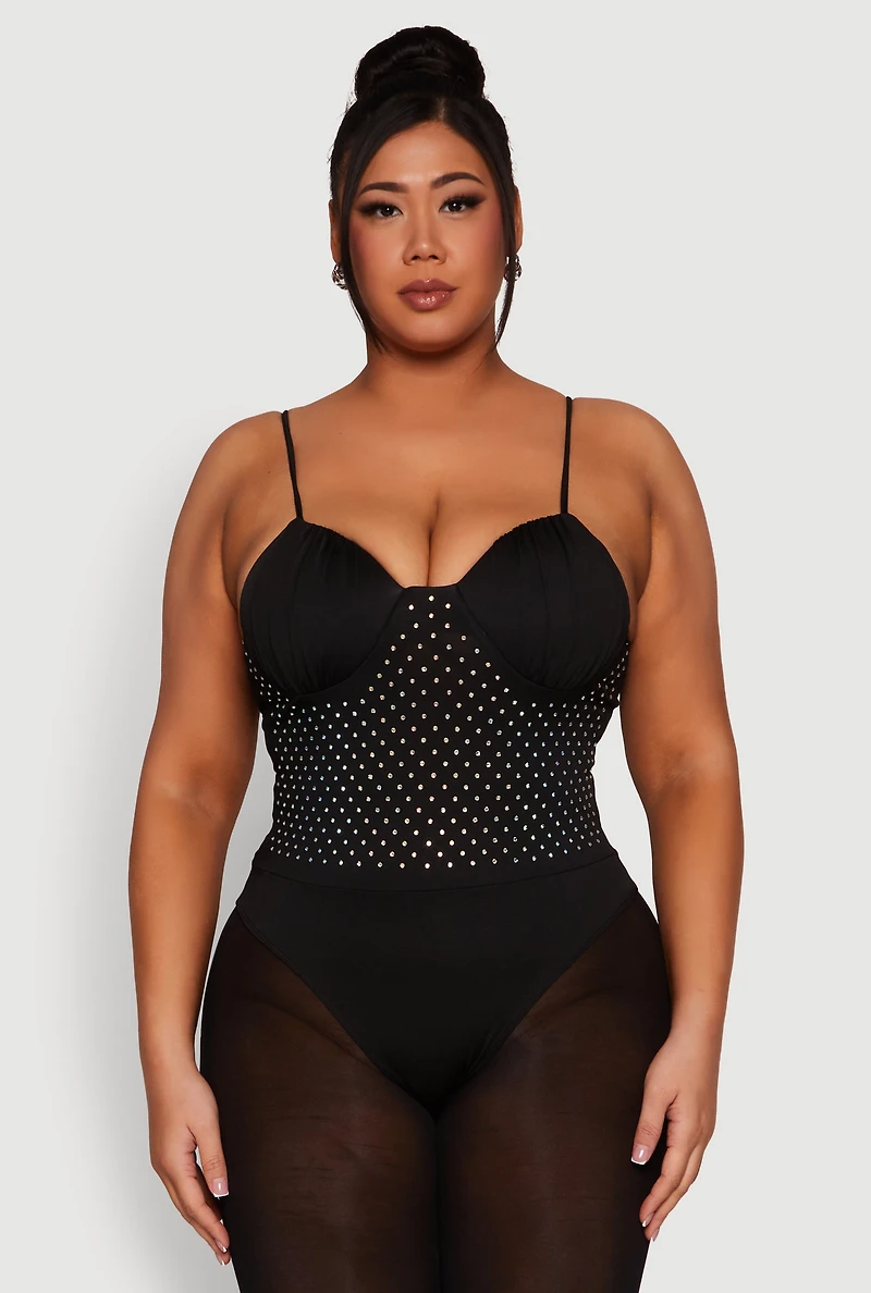 Womens Plus Rhinestone Ruched Padded Bustier Bodysuit,