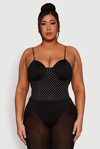 Womens Plus Rhinestone Ruched Padded Bustier Bodysuit,