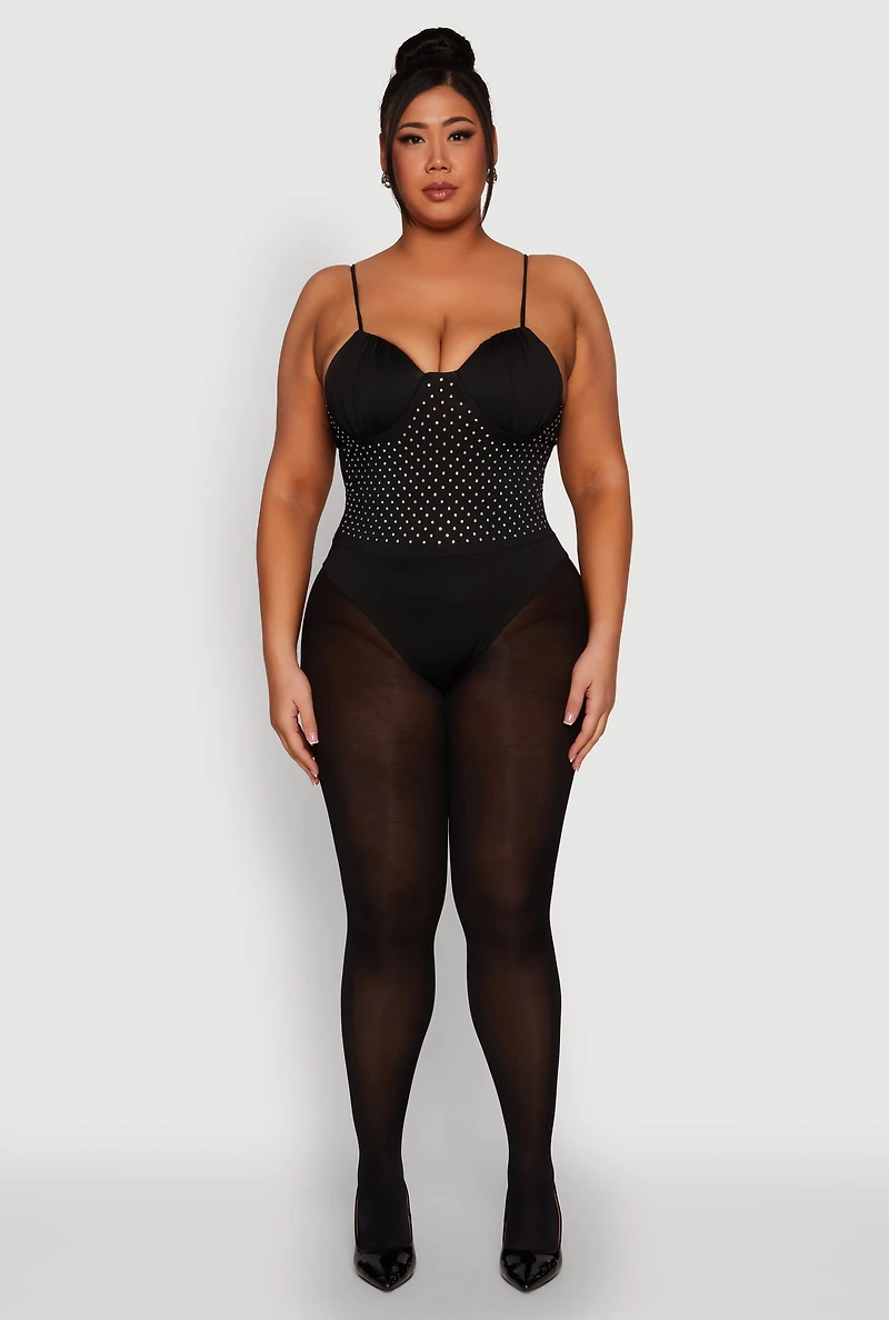 Womens Plus Rhinestone Ruched Padded Bustier Bodysuit,