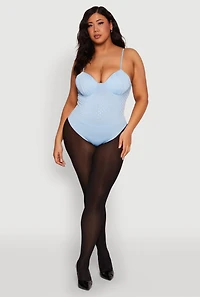 Womens Plus Rhinestone Ruched Padded Bustier Bodysuit, Blue,