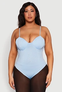 Womens Plus Rhinestone Ruched Padded Bustier Bodysuit, 2X
